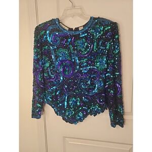 Vintage 1980s Laurence Kazar Beaded‎ Sequin Top Size PL Blue/Purple/Green